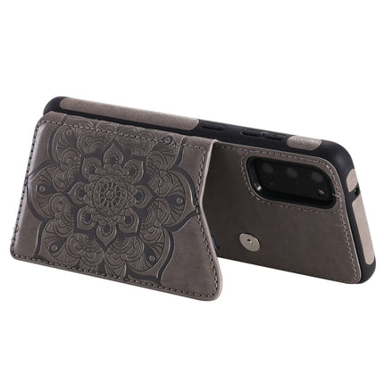 For Samsung Galaxy S20 Flower Embossing Pattern Shockproof Protective Case with Holder & Card Slots & Photo Frame(Grey)-garmade.com