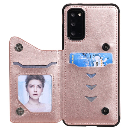 For Samsung Galaxy S20 Flower Embossing Pattern Shockproof Protective Case with Holder & Card Slots & Photo Frame(Rose Gold)-garmade.com
