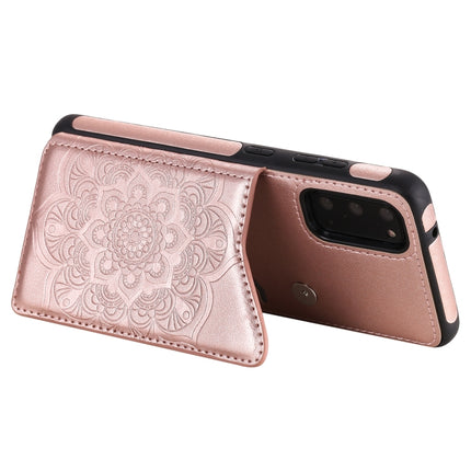 For Samsung Galaxy S20 Flower Embossing Pattern Shockproof Protective Case with Holder & Card Slots & Photo Frame(Rose Gold)-garmade.com