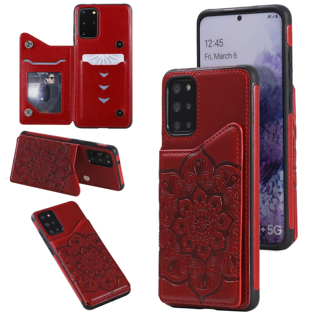 For Samsung Galaxy S20+ Flower Embossing Pattern Shockproof Protective Case with Holder & Card Slots & Photo Frame(Red)-garmade.com