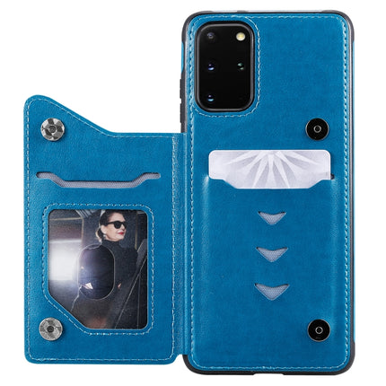 For Samsung Galaxy S20+ Flower Embossing Pattern Shockproof Protective Case with Holder & Card Slots & Photo Frame(Blue)-garmade.com
