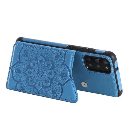 For Samsung Galaxy S20+ Flower Embossing Pattern Shockproof Protective Case with Holder & Card Slots & Photo Frame(Blue)-garmade.com