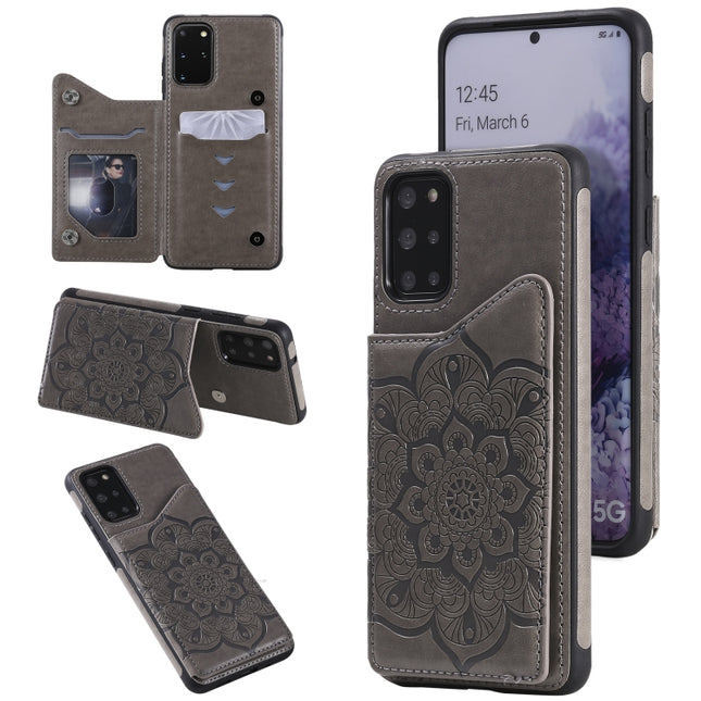 For Samsung Galaxy S20+ Flower Embossing Pattern Shockproof Protective Case with Holder & Card Slots & Photo Frame(Grey)-garmade.com