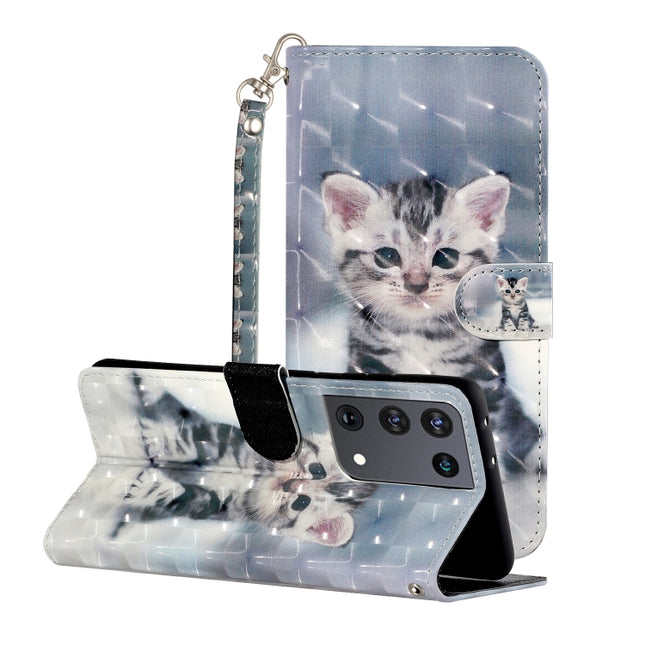 For Samsung Galaxy S21 Ultra 5G 3D Pattern Horizontal Flip Leather Case with Holder & Card Slots & Wallet & Lanyard(Kitten)-garmade.com