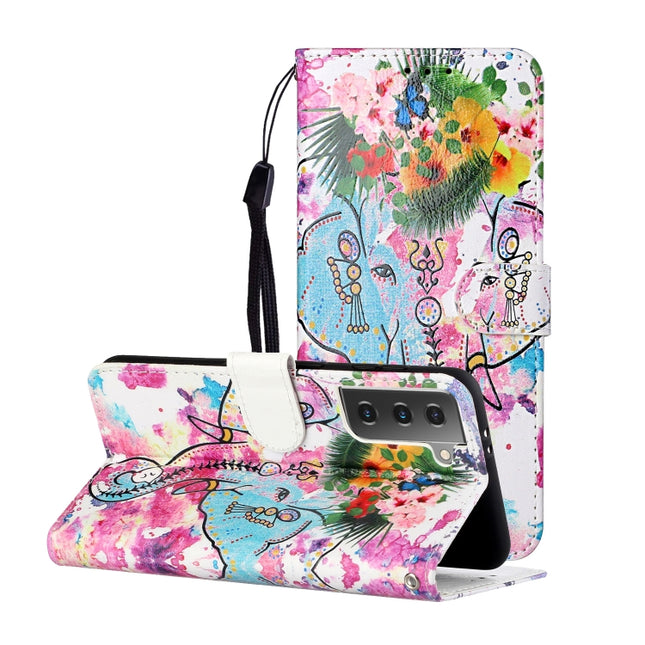For Samsung Galaxy S21 5G Oil Embossed Coloured Drawing Pattern Horizontal Flip PU Leather Case with Holder & Card Slots & Wallet & Lanyard(Elephant)-garmade.com
