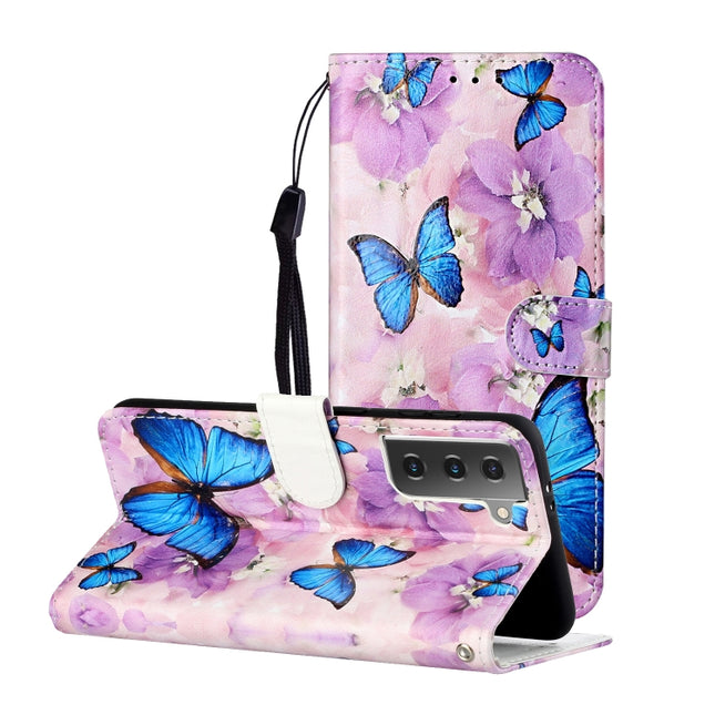 For Samsung Galaxy S21 5G Oil Embossed Coloured Drawing Pattern Horizontal Flip PU Leather Case with Holder & Card Slots & Wallet & Lanyard(Purple Flower Butterfly)-garmade.com