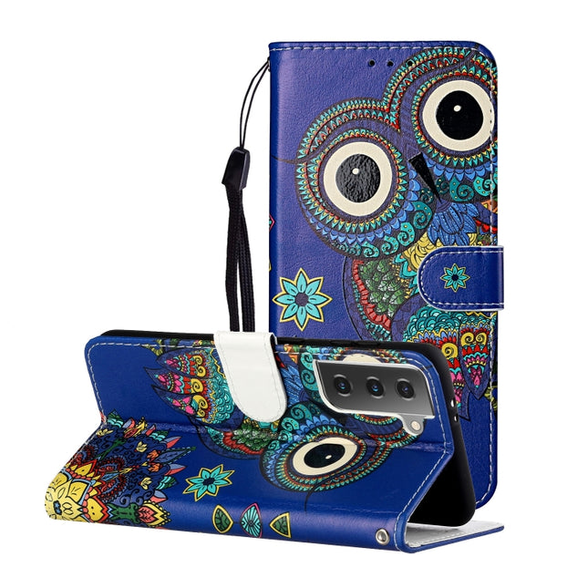 For Samsung Galaxy S21+ 5G Oil Embossed Coloured Drawing Pattern Horizontal Flip PU Leather Case with Holder & Card Slots & Wallet & Lanyard(Blue Owl)-garmade.com