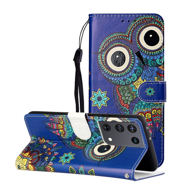 For Samsung Galaxy S21 Ultra 5G Oil Embossed Coloured Drawing Pattern Horizontal Flip PU Leather Case with Holder & Card Slots & Wallet & Lanyard(Blue Owl)-garmade.com