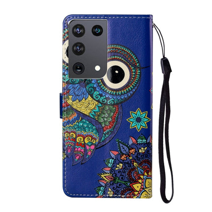 For Samsung Galaxy S21 Ultra 5G Oil Embossed Coloured Drawing Pattern Horizontal Flip PU Leather Case with Holder & Card Slots & Wallet & Lanyard(Blue Owl)-garmade.com