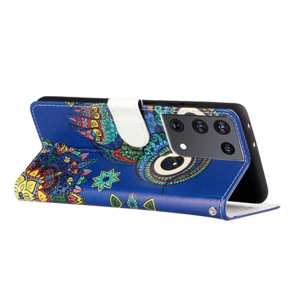 For Samsung Galaxy S21 Ultra 5G Oil Embossed Coloured Drawing Pattern Horizontal Flip PU Leather Case with Holder & Card Slots & Wallet & Lanyard(Blue Owl)-garmade.com