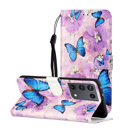 For Samsung Galaxy S21 Ultra 5G Oil Embossed Coloured Drawing Pattern Horizontal Flip PU Leather Case with Holder & Card Slots & Wallet & Lanyard(Purple Flower Butterfly)-garmade.com