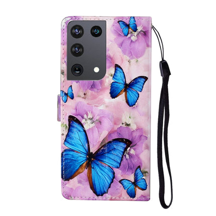 For Samsung Galaxy S21 Ultra 5G Oil Embossed Coloured Drawing Pattern Horizontal Flip PU Leather Case with Holder & Card Slots & Wallet & Lanyard(Purple Flower Butterfly)-garmade.com