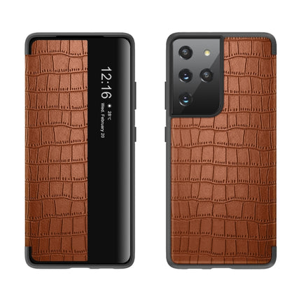 For Samsung Galaxy S21 5G Crocodile Texture Display Window Horizontal Flip Leather Case(Brown)-garmade.com