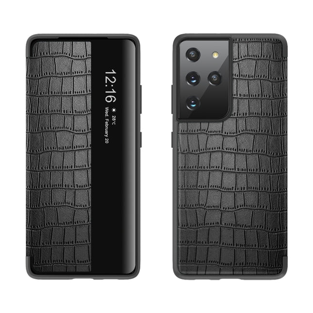 For Samsung Galaxy S21+ 5G Crocodile Texture Display Window Horizontal Flip Leather Case(Black)-garmade.com
