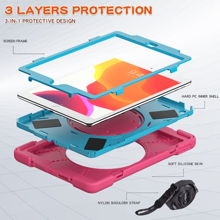 For Apple iPad 10.2 2021 / 2020 / 2019 Contrast Color Silicone + PC Protective Case with Holder & Shoulder Strap(Rose red+Blue)-garmade.com