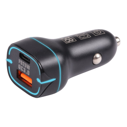 QC USB + USB-C / Type-C Dual Ports Fast Charging Car Charger with Luminous Aperture(Black)-garmade.com