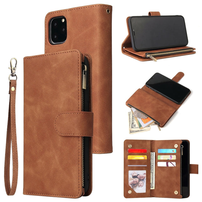 For iPhone 11 Pro Max Multifunctional Retro Frosted Horizontal Flip Leather Case with Card Slot & Holder & Zipper Wallet & Photo Frame & Lanyard(Brown)-garmade.com
