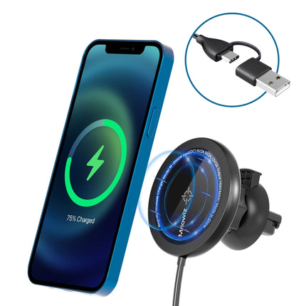 Mriowiz M-2002W 15W 360-degree Rotating MagSafe Magnetic Car Wireless Charger for iPhone 12 Series, with USB + USB-C / Type-C Data Cable, Cable Length: 1m-garmade.com