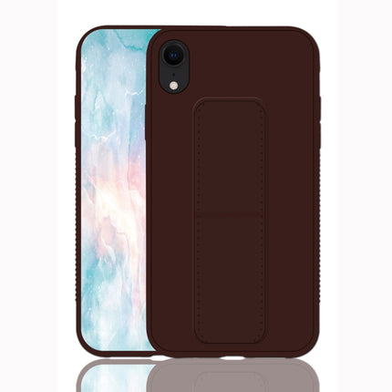 For iPhone XR Shockproof PC + TPU Protective Case with Wristband & Holder(Coffee)-garmade.com