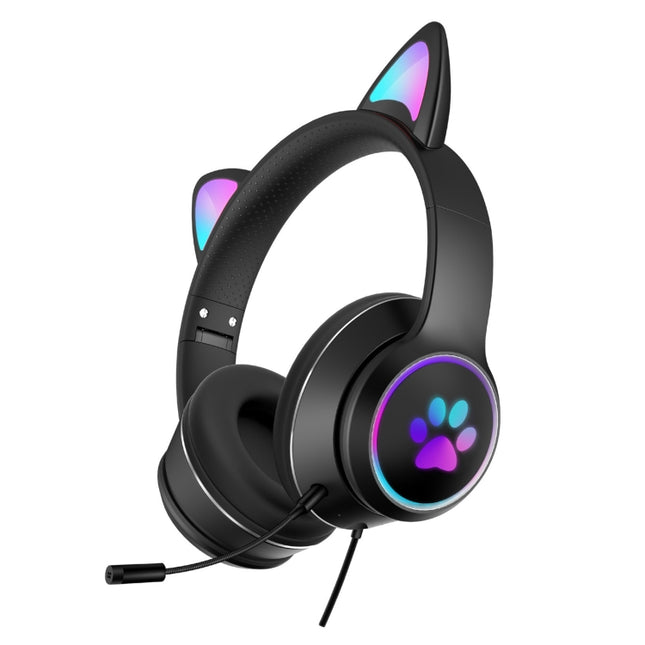 AKZ-022 USB + 3.5mm Port Cat Ear Design Foldable LED Headset with Mic(Black)-garmade.com