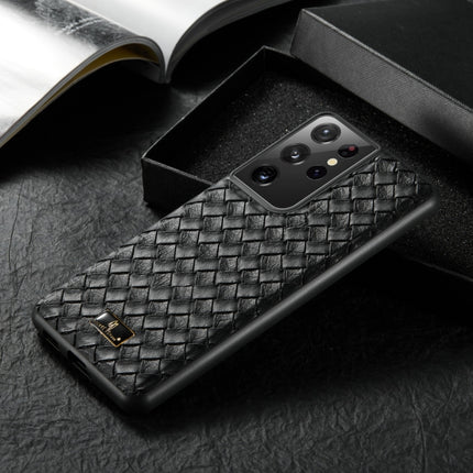 For Samsung Galaxy S21 Ultra 5G Fierre Shann Leather Texture Phone Back Cover Case(Woven Black)-garmade.com