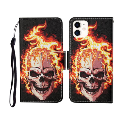 For iPhone 12 mini Painted Pattern Horizontal Flip Leathe Case(Flame Skull)-garmade.com