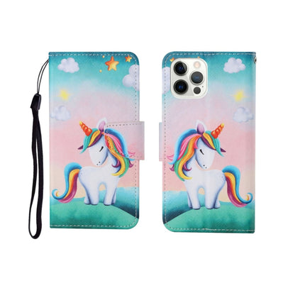 For iPhone 12/12 Pro Painted Pattern Horizontal Flip Leathe Case(Rainbow Unicorn)-garmade.com