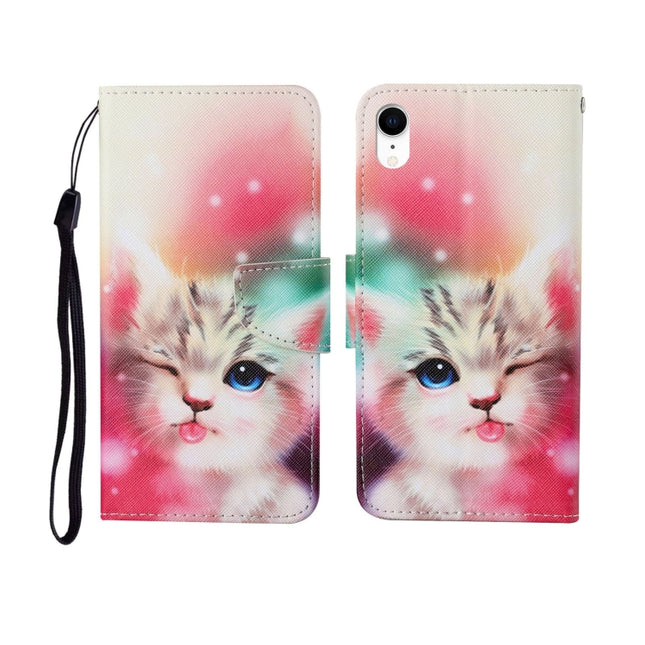 For iPhone XR Painted Pattern Horizontal Flip Leathe Case(Cat)-garmade.com