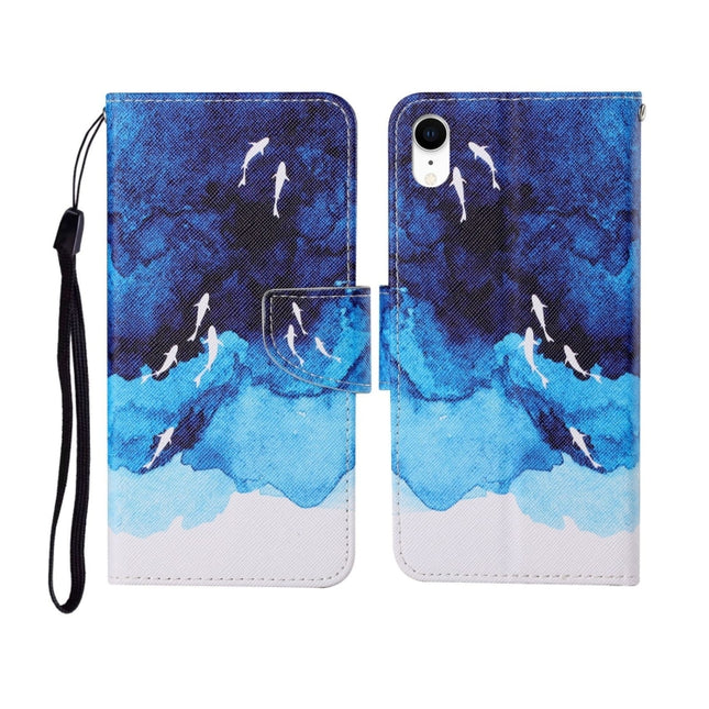 For iPhone XR Painted Pattern Horizontal Flip Leathe Case(Watercolor Fish)-garmade.com