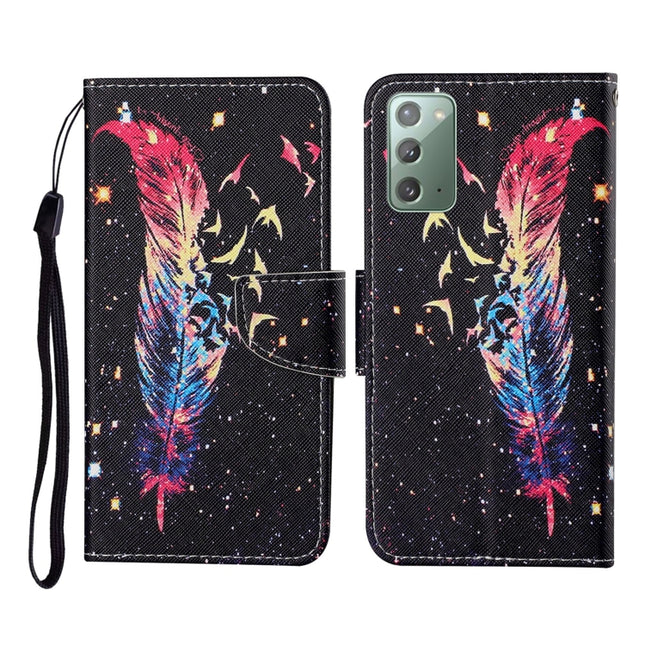 For Samsung Galaxy Note20 Colored Drawing Pattern Horizontal Flip Leather Case with Holder & Card Slots & Wallet & Lanyard(Feather)-garmade.com