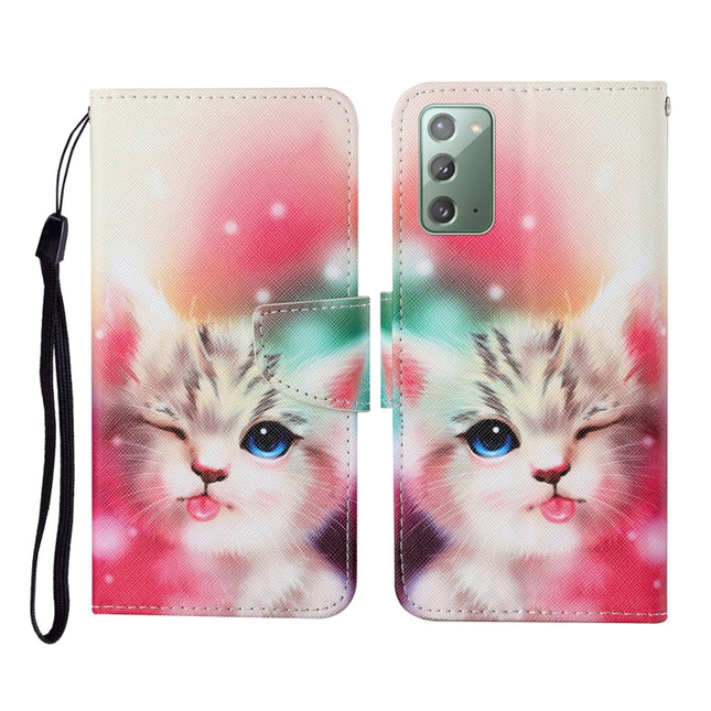 For Samsung Galaxy Note20 Colored Drawing Pattern Horizontal Flip Leather Case with Holder & Card Slots & Wallet & Lanyard(Squint Cat)-garmade.com