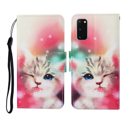 For Samsung Galaxy S20 Colored Drawing Pattern Horizontal Flip Leather Case with Holder & Card Slots & Wallet & Lanyard(Squint Cat)-garmade.com