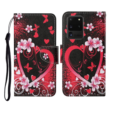 For Samsung Galaxy S20 Ultra Colored Drawing Pattern Horizontal Flip Leather Case with Holder & Card Slots & Wallet & Lanyard(Red Heart)-garmade.com