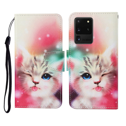 For Samsung Galaxy S20 Ultra Colored Drawing Pattern Horizontal Flip Leather Case with Holder & Card Slots & Wallet & Lanyard(Squint Cat)-garmade.com