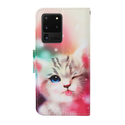 For Samsung Galaxy S20 Ultra Colored Drawing Pattern Horizontal Flip Leather Case with Holder & Card Slots & Wallet & Lanyard(Squint Cat)-garmade.com