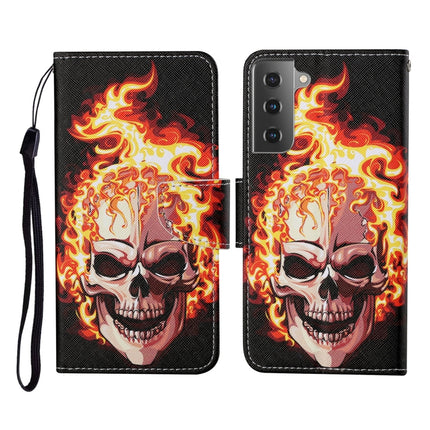 For Samsung Galaxy S21 5G Colored Drawing Pattern Horizontal Flip Leather Case with Holder & Card Slots & Wallet & Lanyard(Flame Skull)-garmade.com