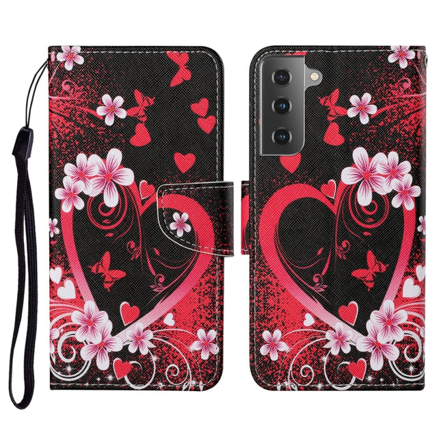 For Samsung Galaxy S21 5G Colored Drawing Pattern Horizontal Flip Leather Case with Holder & Card Slots & Wallet & Lanyard(Red Heart)-garmade.com