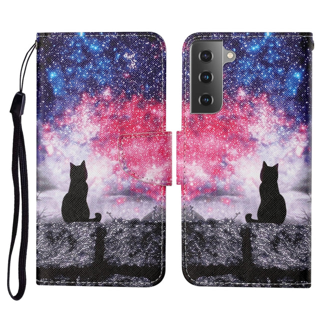 For Samsung Galaxy S21 5G Colored Drawing Pattern Horizontal Flip Leather Case with Holder & Card Slots & Wallet & Lanyard(Starry Cat)-garmade.com