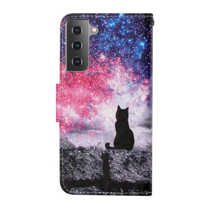For Samsung Galaxy S21 5G Colored Drawing Pattern Horizontal Flip Leather Case with Holder & Card Slots & Wallet & Lanyard(Starry Cat)-garmade.com