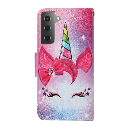 For Samsung Galaxy S21 5G Colored Drawing Pattern Horizontal Flip Leather Case with Holder & Card Slots & Wallet & Lanyard(Eyelash Unicorn)-garmade.com