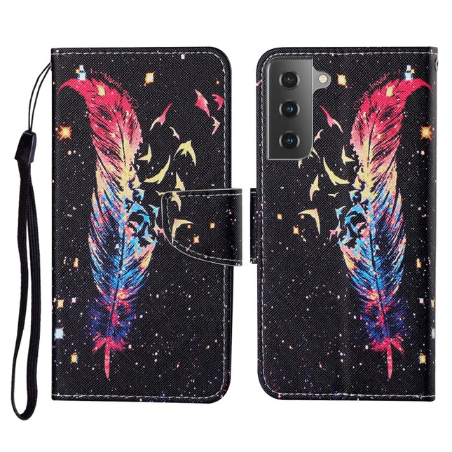 For Samsung Galaxy S21 5G Colored Drawing Pattern Horizontal Flip Leather Case with Holder & Card Slots & Wallet & Lanyard(Feather)-garmade.com