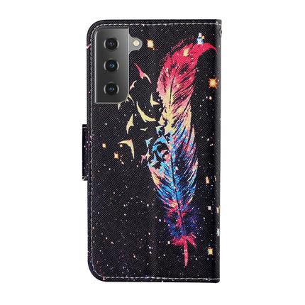 For Samsung Galaxy S21 5G Colored Drawing Pattern Horizontal Flip Leather Case with Holder & Card Slots & Wallet & Lanyard(Feather)-garmade.com