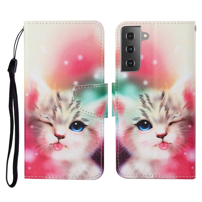 For Samsung Galaxy S21 5G Colored Drawing Pattern Horizontal Flip Leather Case with Holder & Card Slots & Wallet & Lanyard(Squint Cat)-garmade.com