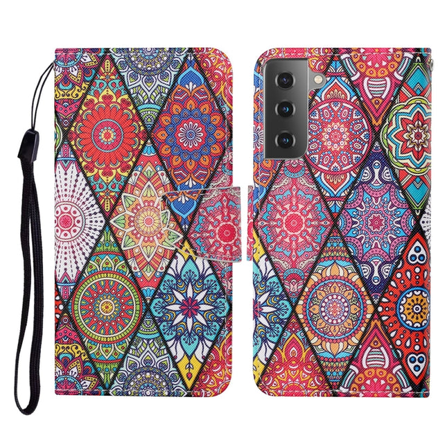 For Samsung Galaxy S21+ 5G Colored Drawing Pattern Horizontal Flip Leather Case with Holder & Card Slots & Wallet & Lanyard(Rhombus Totem)-garmade.com