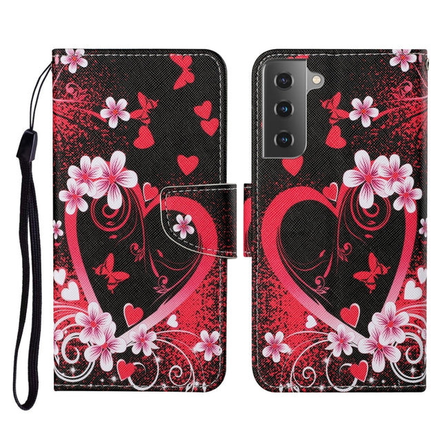 For Samsung Galaxy S21+ 5G Colored Drawing Pattern Horizontal Flip Leather Case with Holder & Card Slots & Wallet & Lanyard(Red Heart)-garmade.com