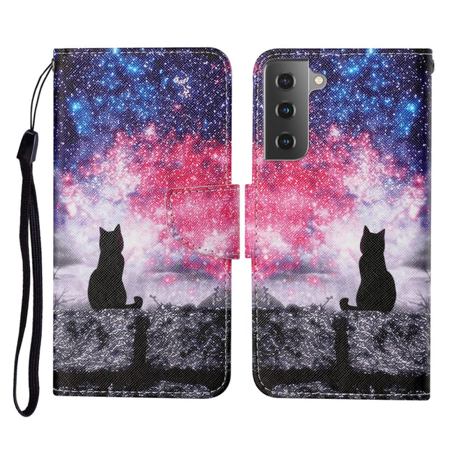 For Samsung Galaxy S21+ 5G Colored Drawing Pattern Horizontal Flip Leather Case with Holder & Card Slots & Wallet & Lanyard(Starry Cat)-garmade.com