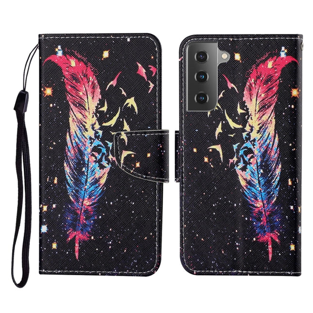 For Samsung Galaxy S21+ 5G Colored Drawing Pattern Horizontal Flip Leather Case with Holder & Card Slots & Wallet & Lanyard(Feather)-garmade.com