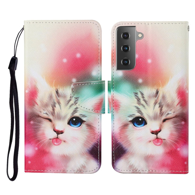 For Samsung Galaxy S21+ 5G Colored Drawing Pattern Horizontal Flip Leather Case with Holder & Card Slots & Wallet & Lanyard(Squint Cat)-garmade.com