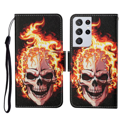 For Samsung Galaxy S21 Ultra 5G Colored Drawing Pattern Horizontal Flip Leather Case with Holder & Card Slots & Wallet & Lanyard(Flame Skull)-garmade.com