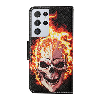 For Samsung Galaxy S21 Ultra 5G Colored Drawing Pattern Horizontal Flip Leather Case with Holder & Card Slots & Wallet & Lanyard(Flame Skull)-garmade.com